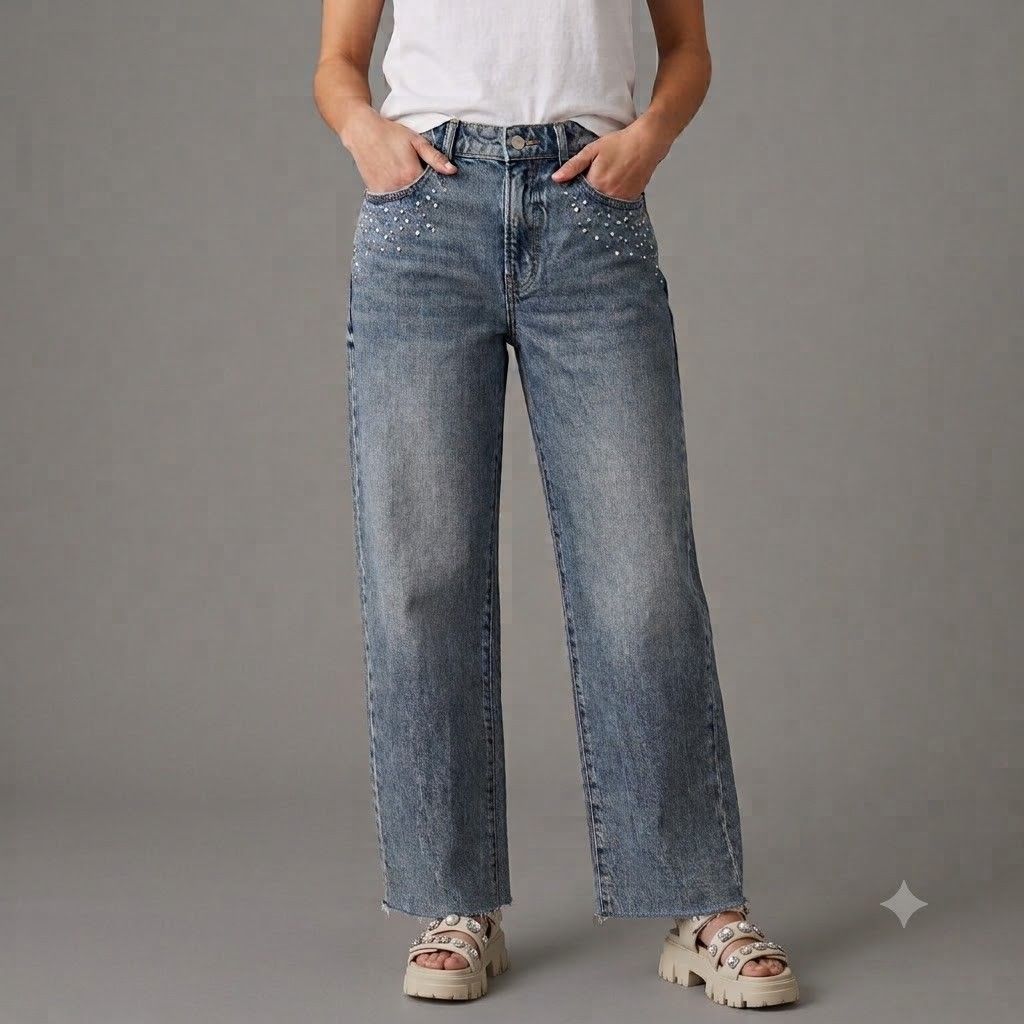 Lucky Brand The Baggy Embellished Straight Leg Jeans Size 4/27 Studded Bling Raw